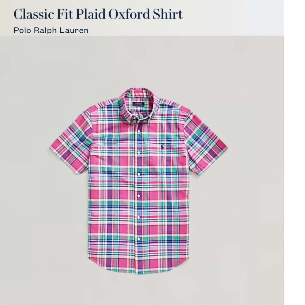Polo Ralph Lauren Mens Classic Fit Plaid Oxford Shirt Pink Multi Short Sleeve L